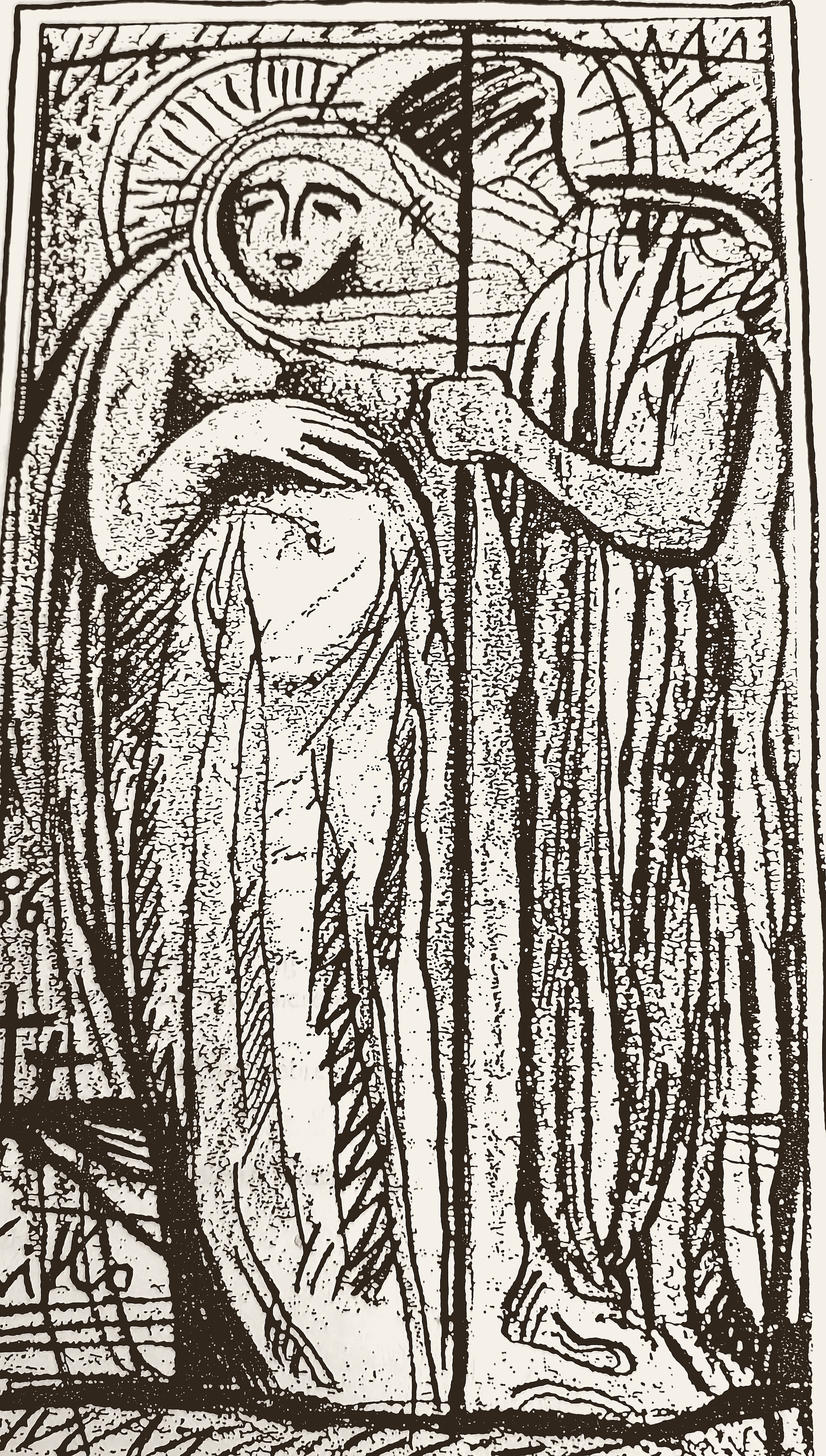 Monochrome etching of two robed figures embracing, one with a halo — The Visitation